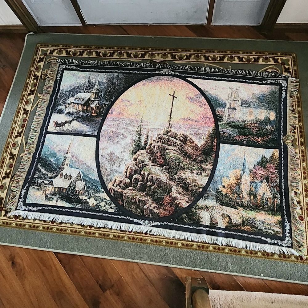 Thomas Kinkade Christmas Blanket Throw Woven Afghan Cross, Church, Sleigh 64x45"
